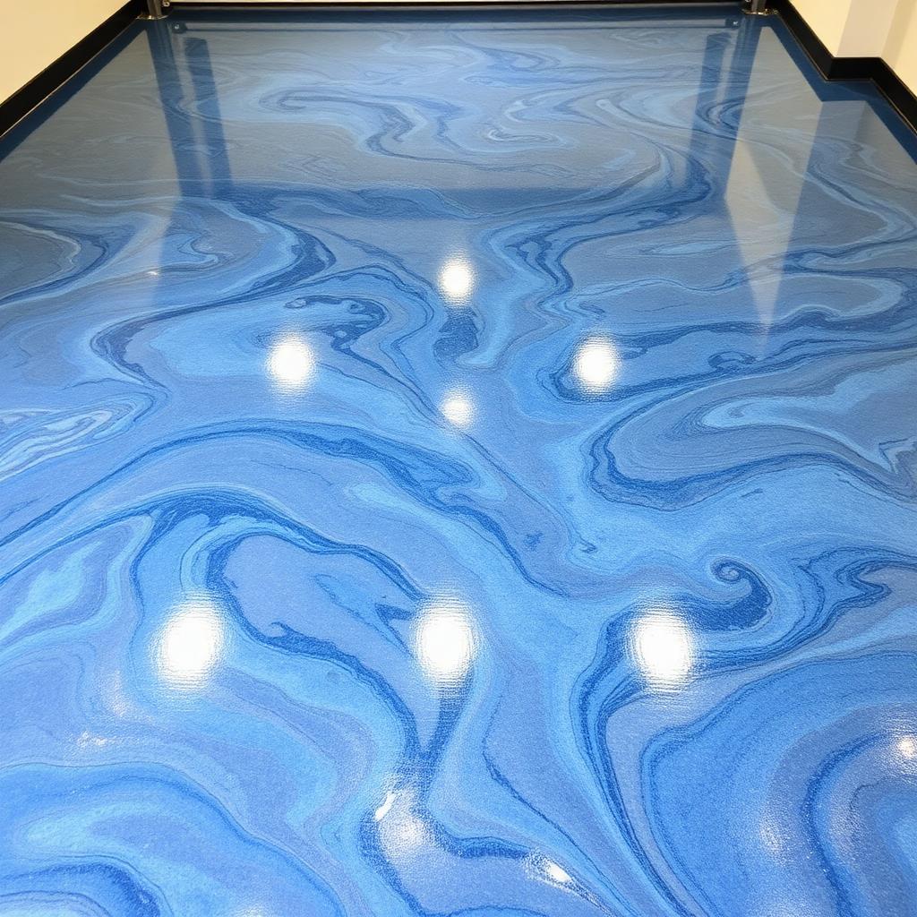 Blue metallic epoxy garage floor with swirled pearl finish