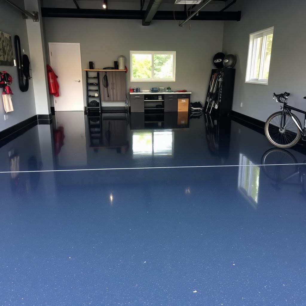Solid blue epoxy garage floor with glossy finish